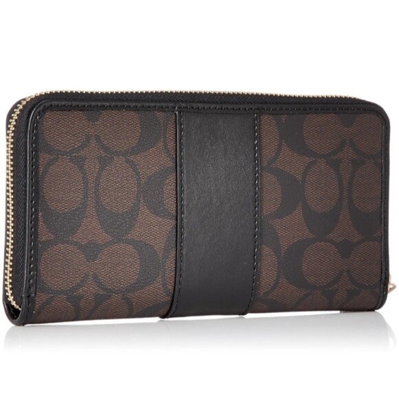 Coach Long Zip Around Wallet In Signature Canvas Brown Black Gold Tone Hardware - Picture 4 of 16